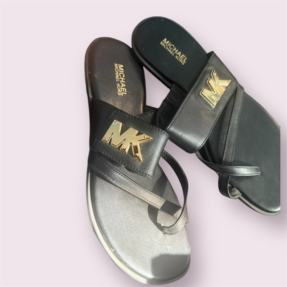 Michael Kors Black Slides with Gold MK Emblem - Picture 3 of 3